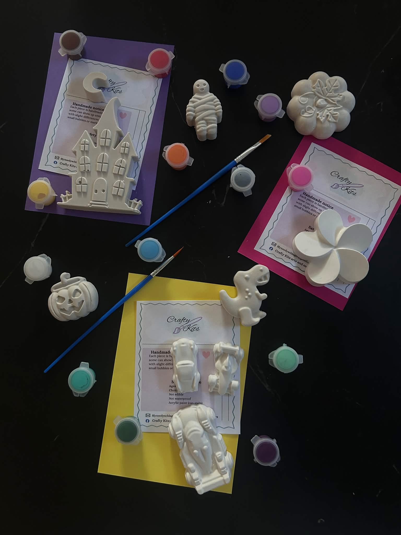 Halloween, dinosaur, flower and race car plaster pieces